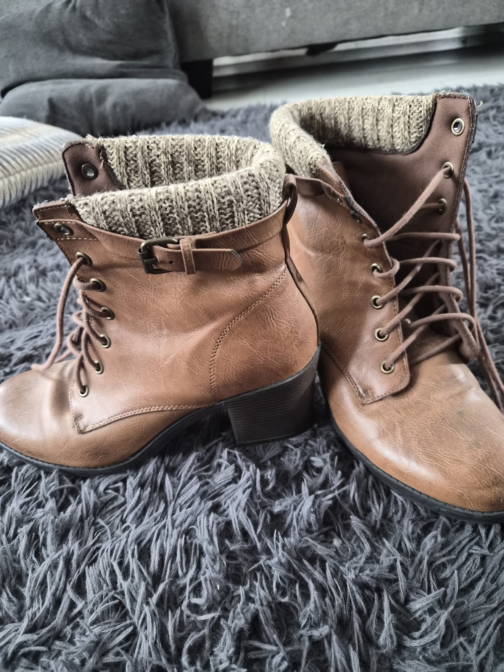 Brown Women's Lace-Up Knit-Collar Ankle Boots